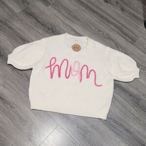 NWT BiBi Ivory Puff Sleeve "Mom" Metallic Sweater